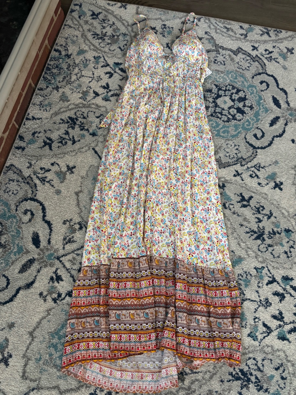 Floral Border Print Maxi Dress in White and Multicolor